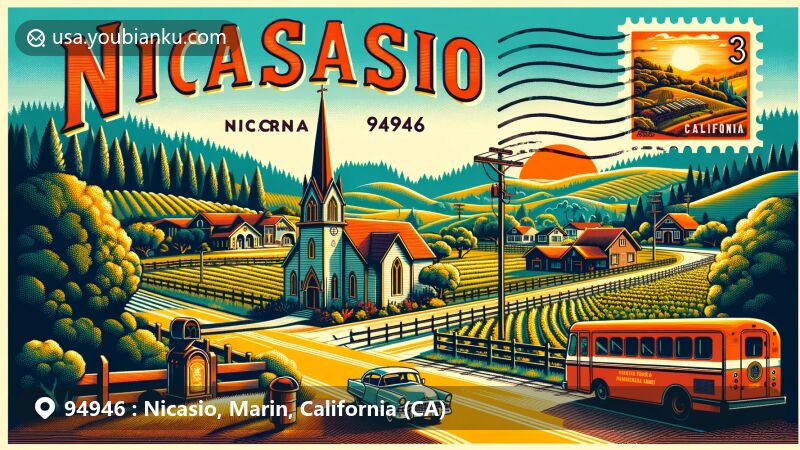 Modern illustration of Nicasio, California, showcasing St. Mary's Church, Rancho Nicasio Restaurant, and Skywalker Ranch, capturing the rural charm and postal theme of ZIP code area 94946.