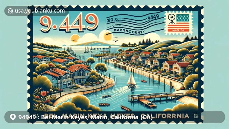 Modern illustration of Bel Marin Keyes, Marin County, California, featuring vibrant waterfront community scene with homes along lagoons and connection to San Pablo Bay, incorporating California state flag and Marin County outline.