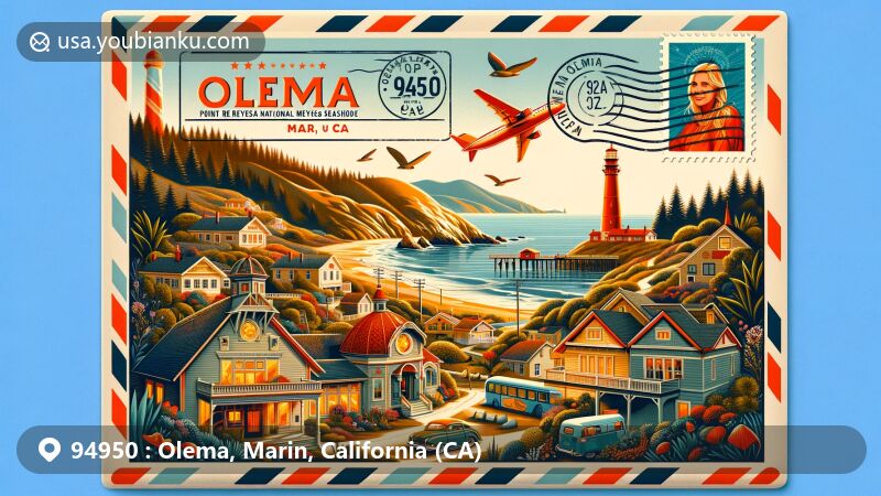 Modern illustration of Olema, Marin, California, showcasing a creative postcard design with ZIP code 94950, featuring Point Reyes National Seashore, historic Point Reyes Lighthouse, Bear Valley Visitors Center, and picturesque Olema Valley.
