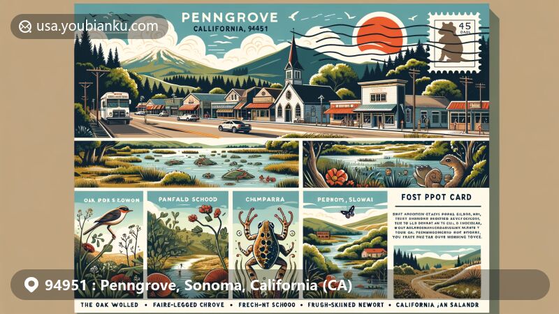 Modern illustration of Penngrove, Sonoma County, California, featuring Fairfield Osborn Preserve, Sonoma Mountain, native wildlife, Penngrove Community Church, Penngrove School, and Main Street with local businesses.