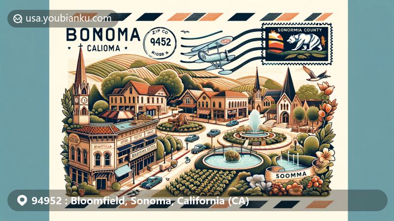 Modern illustration of Bloomfield, Sonoma, California, depicting postal theme with airmail envelope, stamps, and postmark, featuring Sonoma County hills, Buena Vista Winery, Petaluma downtown, and Bear Flag Revolt statue. Includes grapevines, duck pond, and ZIP code 94952.