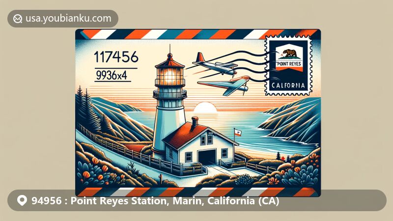 Modern illustration of Point Reyes Station, Marin, California, featuring Point Reyes Lighthouse and the natural beauty of Point Reyes National Seashore. California state flag and postal themed design with ZIP code 94956.