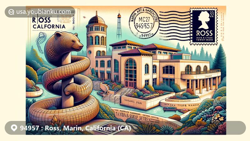 Modern illustration of Ross, California, showcasing the Marin Art & Garden Center, Ross Bear sculpture, and town's natural beauty with lush greenery, vintage postal theme with ZIP code 94957, and historical significance of Caroline Livermore.