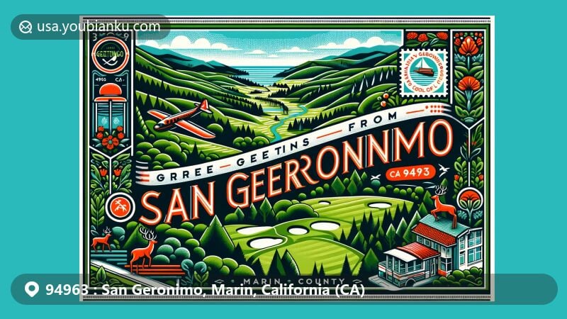 Modern illustration of San Geronimo, Marin County, California, showcasing lush San Geronimo Valley with rolling hills, dense forests, and a stylized postcard saying 'Greetings from San Geronimo, CA 94963'. Includes vintage air mail envelope border, postage stamp featuring San Geronimo Golf Course, and local wildlife.