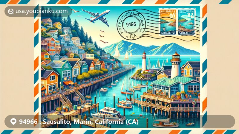 Modern illustration of Sausalito, Marin County, California, featuring waterfront boardwalk, houseboats, and Point Bonita Lighthouse in postal-themed design with airmail envelope, stamps of Marine Mammal Center and Battery Spencer, and postmark showing ZIP code 94966.
