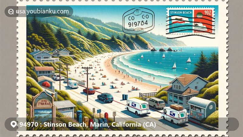 Modern illustration of Stinson Beach, Marin County, California, showcasing postal theme with ZIP code 94970, featuring white sand beaches, clear waters, lush coastal mountains, vintage postcard frame, California state flag postage stamp, and subtle postal elements.