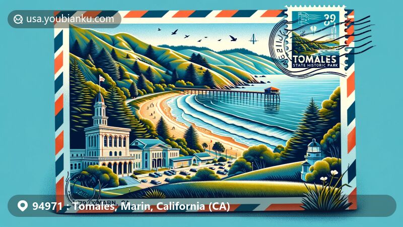 Modern illustration of Tomales, Marin County, California, capturing the beauty of Marconi State Historic Park surrounded by Tomales Bay and green hills in an airmail envelope with ZIP code 94971.