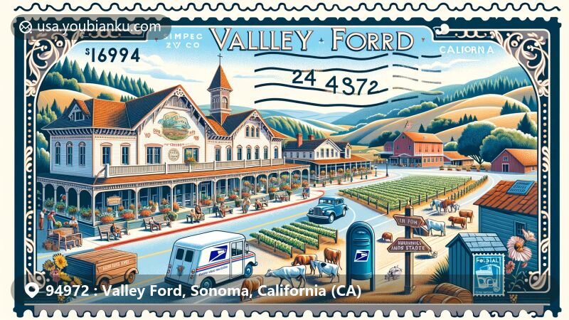Modern illustration of Valley Ford, California, showcasing postal theme with ZIP code 94972, featuring Valley Ford Hotel, Valley Ford Market, Christo and Jeanne-Claude's Running Fence Park, farmlands, grazing cows, Sonoma County's hills, post box, postal van, stamps with iconic symbols.