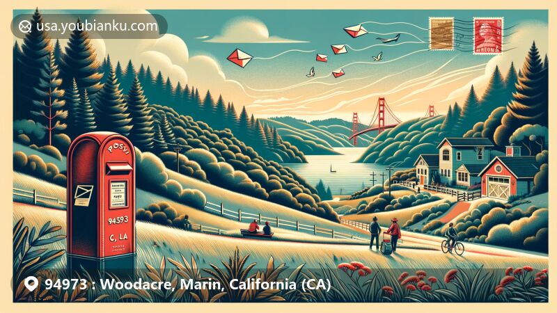 Illustration of Woodacre, California, showcasing scenic vistas, community spirit, and postal theme with ZIP code 94973, featuring a friendly community enjoying outdoors, vintage postcard overlay, red postal box, and flying envelopes.