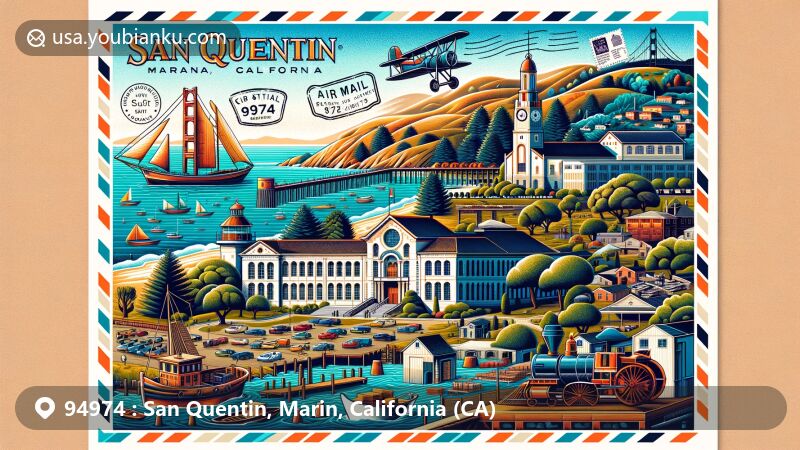 Modern illustration of San Quentin, Marin, California, showcasing iconic State Prison history, vocational training programs, San Francisco Bay natural beauty, and postal theme with ZIP code 94974.