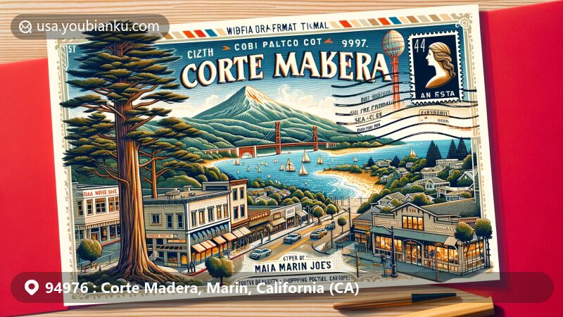 Modern illustration of Corte Madera, Marin County, California, with postal theme and natural beauty, featuring Mount Tamalpais, redwood trees, Corte Madera Creek, and ZIP code 94976.
