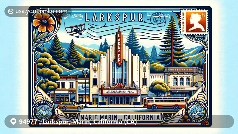 Modern illustration of Larkspur, Marin County, California, featuring iconic landmarks like the Lark Theater and King Mountain Hike, with lush greenery, redwood trees, and panoramic views of the town and bay, incorporating postal elements such as stamps, '94977' postal code, and stylized mail delivery vehicle or mailbox.
