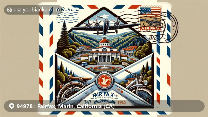 Modern illustration of Fairfax, Marin County, California, inspired by vintage airmail theme with Marin Museum of Bicycling, B-17 Flying Fortress bomber, and Lord Charles Snowden Fairfax stamp, showcasing town's natural beauty and historical significance.