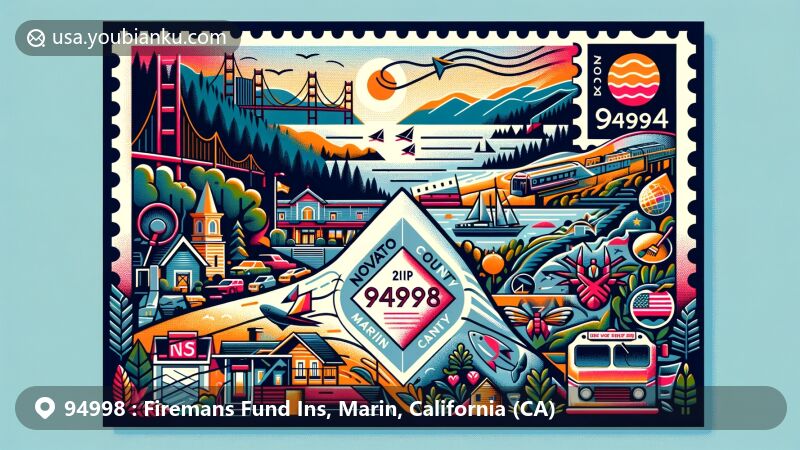 Modern illustration of Novato, Marin County, California, showcasing unique geographical location and regional characteristics with iconic landmarks and postal elements.