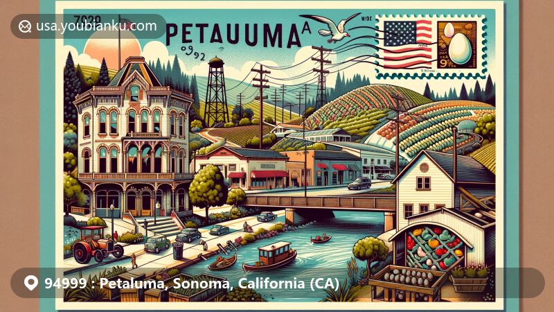 Modern illustration of Petaluma, Sonoma County, California, showcasing the city's rich history and landmarks with the Petaluma River, historic downtown with Victorian architecture, and the iconic Petaluma Silk Mill by Brainerd Jones. Includes elements reflecting the agricultural heritage like dairy farms, olive groves, and egg incubation technology. Depicts Sonoma County's natural beauty with local flora and fauna, featuring postal elements such as a stamp, postal mark, and the ZIP code 94999.