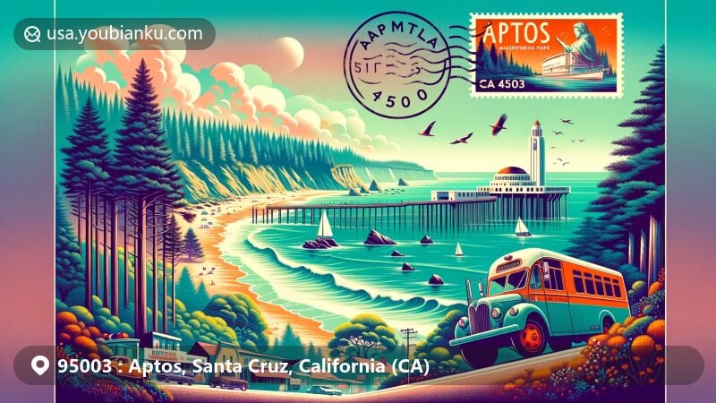 Modern illustration of Aptos, Santa Cruz County, California, capturing ZIP code 95003 essence with Forest of Nisene Marks State Park, Seacliff State Beach, and SS Palo Alto, in a vibrant postcard style.