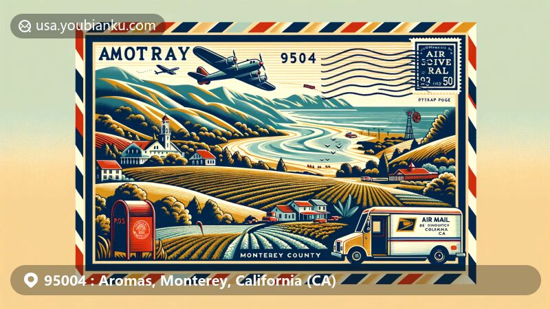 Modern illustration of Aromas, Monterey County, California, featuring ZIP code 95004, airmail envelope design with red and blue stripes, Pajaro River valley landscape, agricultural vistas, postal symbols, and Monterey County landmarks.