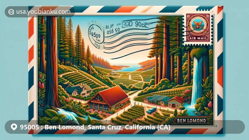 Modern illustration of Ben Lomond, Santa Cruz, California, celebrating ZIP code 95005, featuring Big Basin Redwoods State Park, Waterfall Lodge & Retreat, and subtle references to local wineries like Partage Winery, surrounded by redwood tree illustrations on an air mail envelope.