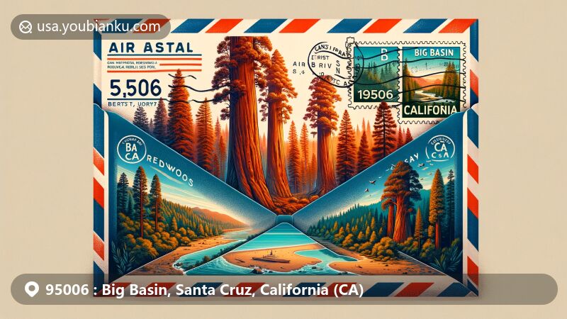 Illustration depicting Big Basin Redwoods State Park scene inside an airmail envelope, showcasing ancient coastal redwoods and vintage postal elements with '95006' and 'Big Basin, CA' details.