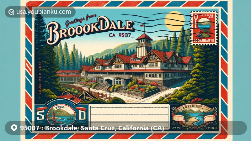 Modern illustration of the historic Brookdale Lodge in the Santa Cruz Mountains, set in a postcard with a vintage airmail envelope border. Features redwood trees, sunny skies, hiking trail, and a vintage style 'Greetings from Brookdale, CA 95007' text.