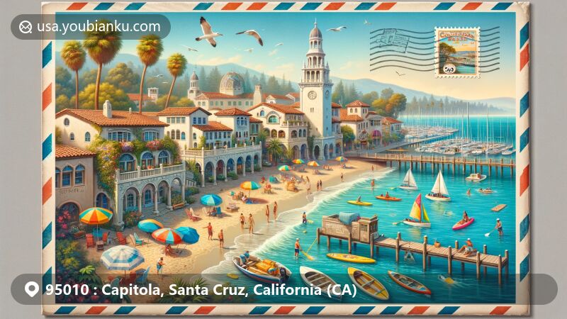 Modern illustration of Capitola, Santa Cruz County, California, featuring charming seaside town with Capitola Beach, vibrant beach houses, Venetian Court, and Santa Cruz Harbor in a postcard layout.