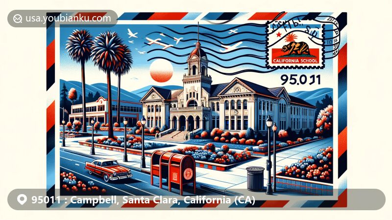 Modern illustration of Campbell, California, featuring Campbell Union Grammar School and Pruneyard Shopping Center, with postal theme including ZIP code 95011 and California state symbols.