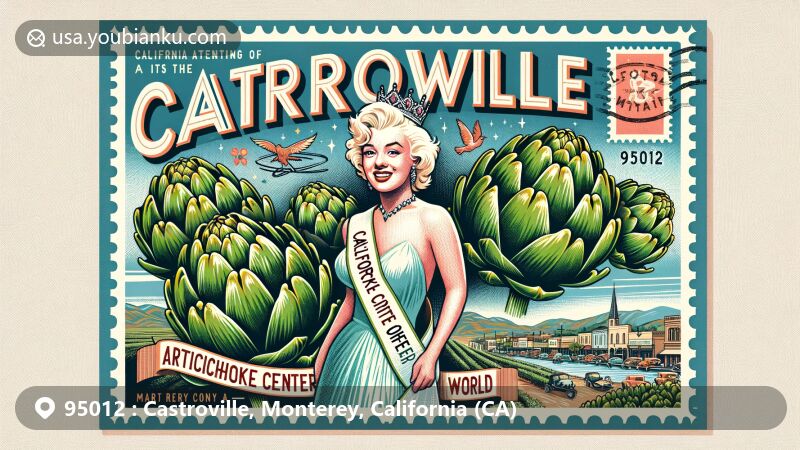 Modern illustration of Castroville, Monterey County, California, capturing the essence of the 'Artichoke Center of the World' with artichokes, Marilyn Monroe as the 'California Artichoke Queen,' iconic landmarks, and a vintage airmail envelope framing the scene.