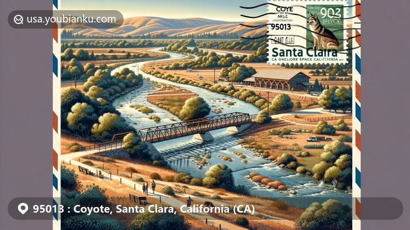 Wide-format illustration of Coyote, Santa Clara County, California, depicting the natural beauty of Coyote Creek, with a pedestrian bridge symbolizing connectivity and outdoor activities, including Coyote Valley Open Space Preserve and agriculture. Scene framed within a vintage air mail envelope featuring Coyote Grange Hall stamp, emphasizing community heritage and postal history.