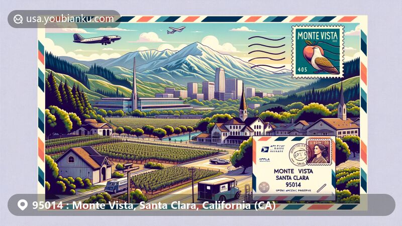 Modern illustration of Monte Vista, Santa Clara County, California, highlighting ZIP Code 95014, with Santa Cruz Mountains in the background, Cupertino's high-tech spirit, orchards, vineyards, and landmarks like Fremont Older Open Space Preserve. Features vintage postal elements: air mail envelope, Apple Park stamps, postmark with ZIP Code, mailbox, and delivery truck.