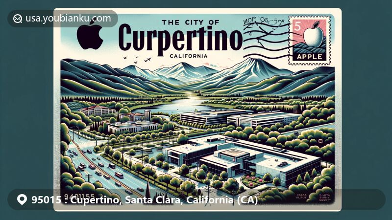 Modern illustration of Cupertino, Santa Clara, California, showcasing the lush Santa Cruz Mountains, Apple Park, Cupertino flag, and Santa Clara County map, with postal elements like a stamp and postmark, featuring ZIP code 95015.