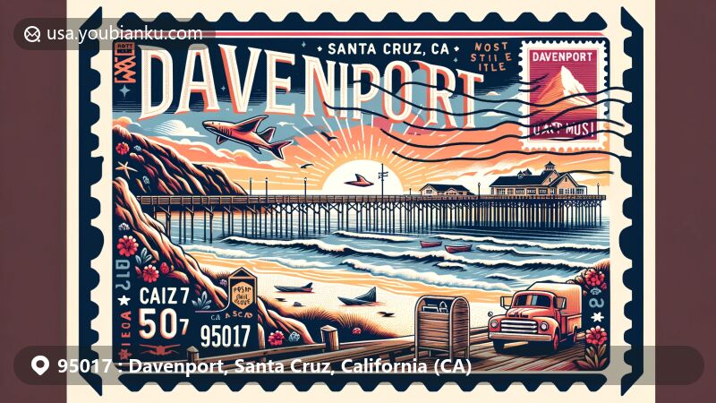 Modern illustration of Davenport, Santa Cruz, California (CA), featuring Davenport Pier, Shark Fin Cove, and Davenport Beach, with postal elements like a stamp and postmark bearing ZIP code 95017.