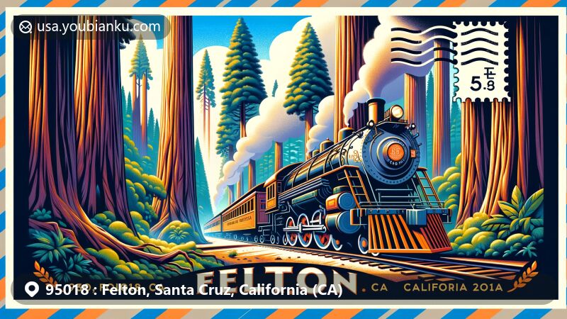 Modern illustration of Felton, Santa Cruz County, California, featuring the iconic redwoods of Henry Cowell Redwoods State Park and the historic Roaring Camp steam train, with postal theme showcasing ZIP code 95018.