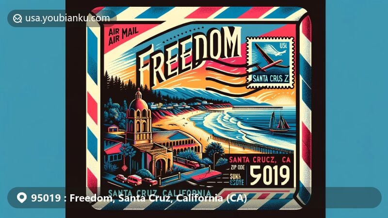 Modern illustration of Freedom, Santa Cruz County, California, showcasing postal theme with ZIP code 95019, featuring Santa Cruz coastline, Beach Boardwalk, and Mission Santa Cruz.