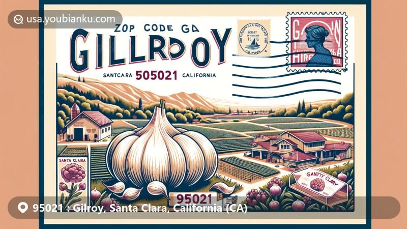 Modern illustration of Gilroy, Santa Clara County, California, inspired by postal theme with ZIP code 95021, featuring garlic fields, Gilroy Yamato Hot Springs, boutique vineyards, and a touch of the Garlic Festival.