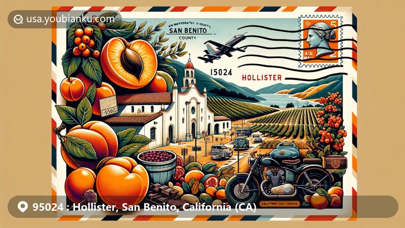 Modern illustration of Hollister, San Benito County, California, in the form of a postcard or air mail envelope, depicting local agricultural products like apricots, olive oil, vineyards, pomegranates, and chocolate, with Mission San Juan Bautista and a motorcycle symbolizing the area's history and culture.