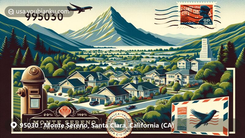 Modern illustration of Monte Sereno, California, showcasing the 95030 ZIP code area with a serene mountain landscape inspired by the Santa Cruz Mountains and El Sereno Mountain. The artwork emphasizes upscale homes and postal elements like a vintage-style postcard and a red mailbox.