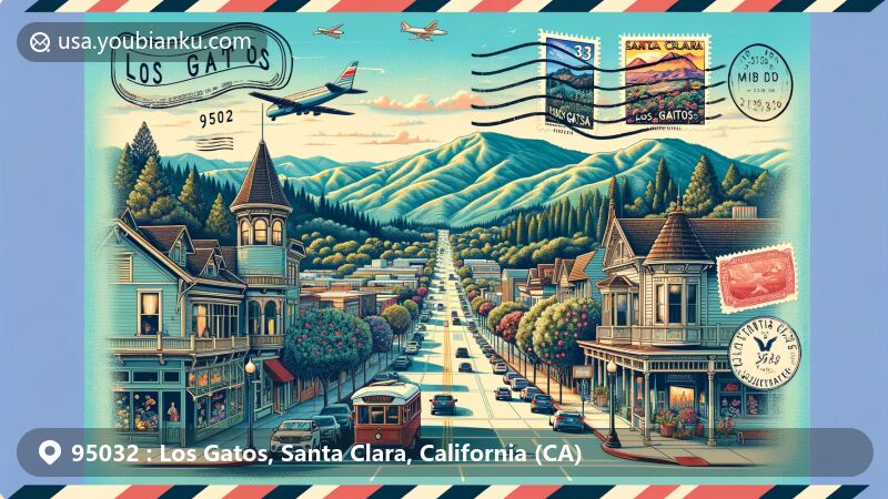 Modern illustration of Los Gatos, Santa Clara County, California, showcasing Main Street with Victorian-era architecture harmonizing with modern amenities, set against the backdrop of Santa Cruz Mountains, featuring postal theme with ZIP code 95032 and nods to local history, tech culture, and outdoor lifestyle.