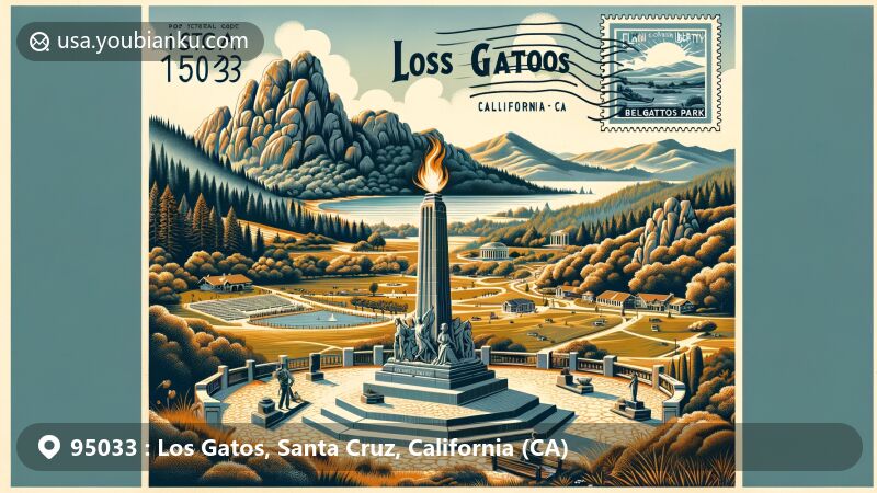 Modern illustration of Castle Rock State Park in Los Gatos, Santa Cruz, California, portraying iconic rock formations and dense forests, symbolizing outdoor adventure spirit and natural beauty. Featuring Belgatos Park with rolling hills, trails, and picnic areas, highlighting family-friendly and nature-loving side of Los Gatos. Centerpiece showcases Flame of Liberty Memorial, a symbol of remembrance with elegant flame-shaped sculptures and plaques, surrounded by vintage postcard layout emphasizing ZIP code 95033. Background blends seamlessly natural and cultural elements of Los Gatos, reflecting town's charm and tranquil California landscape.