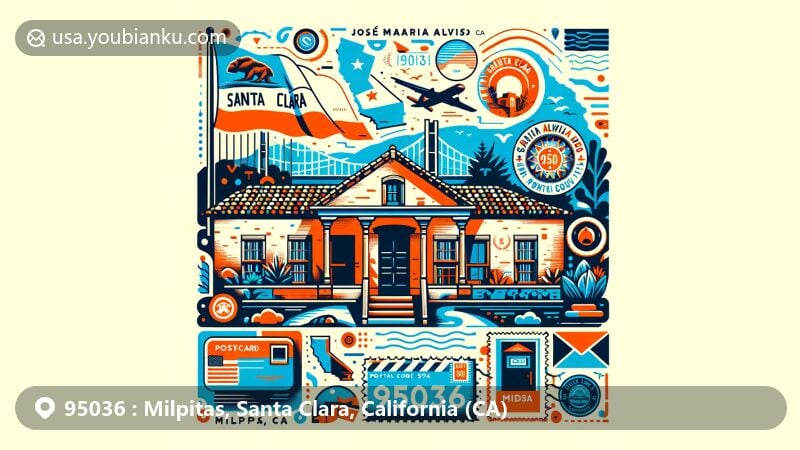 Modern illustration of Milpitas, California, displaying José Maria Alviso Adobe, California state flag, and Santa Clara County outline, with postal elements like postcard, stamps, and postmark, featuring postal code 95036 and Milpitas, CA.