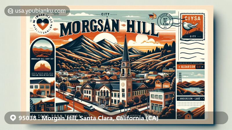 Modern illustration of Morgan Hill, Santa Clara, California, capturing the essence of ZIP code 95038 with landmarks like Diablo Range hills, Morgan Hill Elementary Building, El Toro Mountain, Anderson Lake, and Malaguerra Winery.