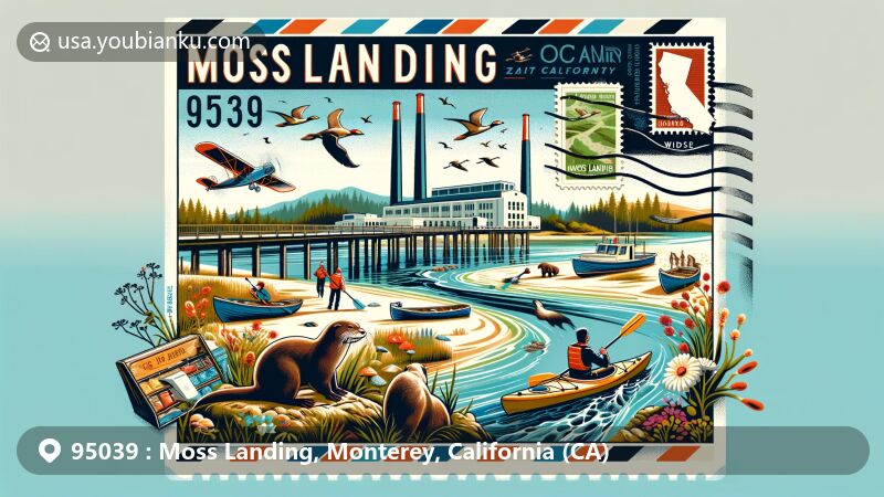 Modern illustration of Moss Landing, Monterey County, California, featuring vintage-style postcard design with ZIP code 95039, showcasing Elkhorn Slough, Moss Landing power plant, local fishing industry, and California state symbols.