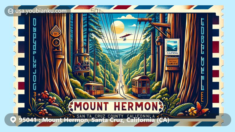 Modern illustration of Mount Hermon, Santa Cruz County, California, featuring iconic redwood forests and postal elements, with ZIP code 95041, illustrating outdoor adventure and natural beauty.