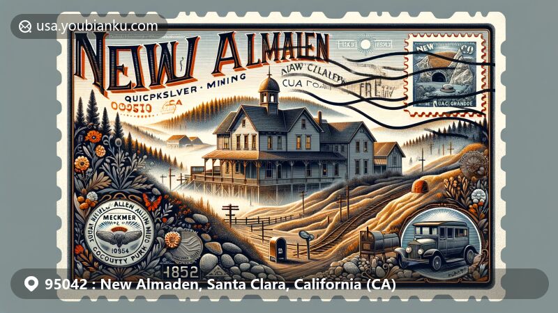 Modern illustration of New Almaden, California, featuring airmail envelope with stamps and postmark, highlighting Almaden Quicksilver County Park, Casa Grande, and postal theme.