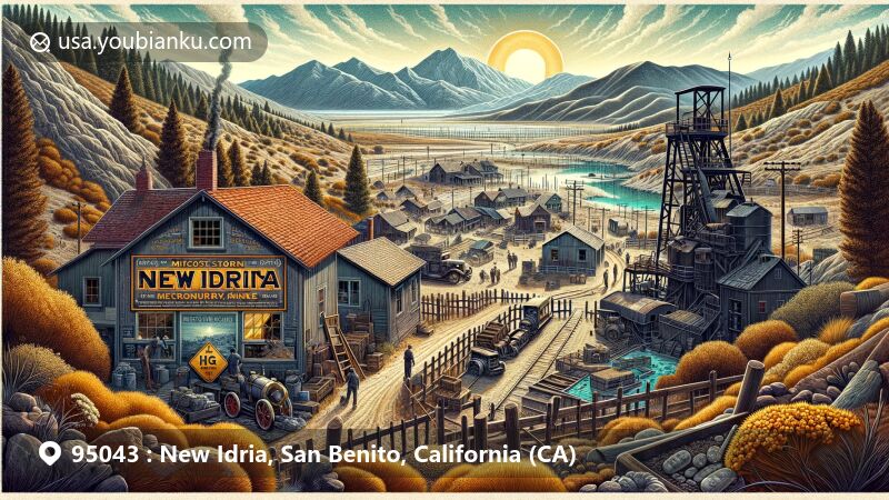 Modern illustration of the ghost town of New Idria, California, depicting its rich mercury mining history and present state as an abandoned site facing environmental challenges. Combines past and present elements: bustling mercury mine on one side with workers, machinery, and vitality of past life, including iconic structures of mining operations. Transitioning to present, showcasing dilapidated structures of the ghost town, signs of environmental restoration, and the area cordoned off due to mercury contamination. Centered around a vintage postcard with '95043 New Idria, CA' adorned with the chemical symbol 'Hg' for mercury, mining tools, and the stark and striking natural scenery of the surrounding Diablo Range. This modern illustrative style is suitable for web usage, offering creativity and appeal, inviting viewers to explore the history and current state of New Idria.