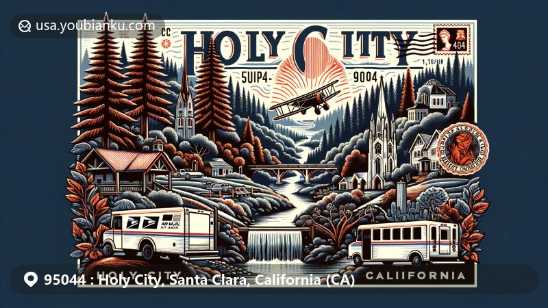 Modern illustration of Holy City, Santa Clara County, California, depicting the utopian community history and Santa Cruz Mountains landscape with redwood trees, waterfalls, and postal elements.