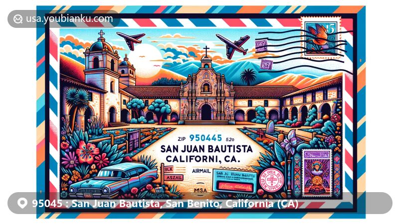 Modern illustration of San Juan Bautista, California, depicting airmail theme for ZIP code 95045, showcasing Mission San Juan Bautista and historic buildings.