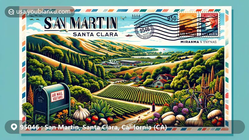 Modern illustration of San Martin area, Santa Clara County, California, highlighting ZIP code 95046, showcasing picturesque landscape with rolling hills, lush greenery, and agricultural elements like vineyards, garlic, and mushrooms, featuring Miramar Vineyards.