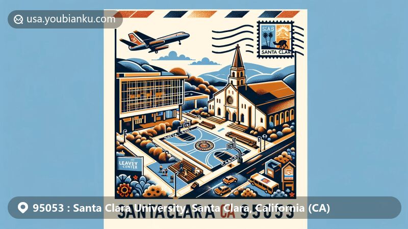 Modern illustration of Mission Santa Clara de Asis, Santa Clara University, California, showcasing historical and cultural landmarks like Charney Hall, Leavey Center, and the California state flag, along with a postal theme highlighting ZIP code 95053.