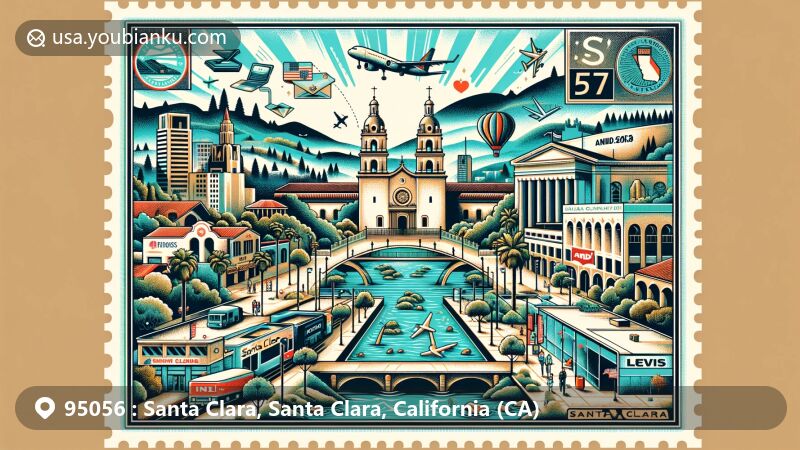 Modern illustration of Santa Clara, CA, for ZIP code 95056, featuring Mission Santa Clara de Asís, Santa Clara University, Levi's Stadium, and tech company symbols, set against California's scenic backdrop.