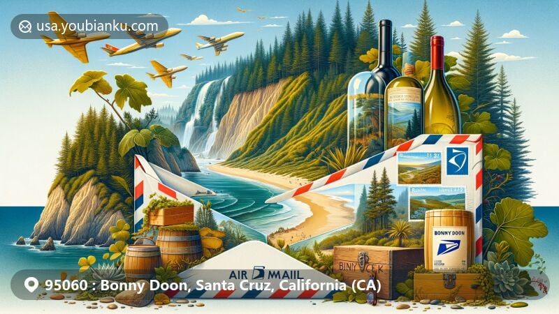 Modern illustration of Bonny Doon, California, featuring a creatively designed air mail envelope capturing the essence of the region, showcasing Bonny Doon Beach, Liddell Creek, redwood forests, Bonny Doon Vineyard wine bottles, and vintage postal elements.